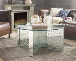 English Elm Nysa Glam Mirrored Coffee Table with Faux Crystal X Base and Tempered Glass Top B2726P453252