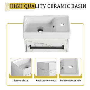 English Elm 16'' Floating Wall-Mounted Bathroom Vanity with Ceramic Basin, Soft-Close Door, Water-Resist Finish White W999P236337