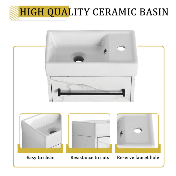 English Elm 16'' Floating Wall-Mounted Bathroom Vanity with Ceramic Basin, Soft-Close Door, Water-Resist Finish White W999P236337