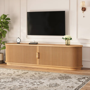 English Elm Vintage Farmhouse Media Console with Slatted Sliding Doors and Brass Hardware for Living Room Natural N721P427206D