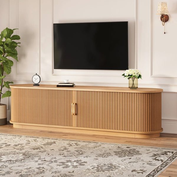 English Elm Vintage Farmhouse Media Console with Slatted Sliding Doors and Brass Hardware for Living Room Natural N721P427206D