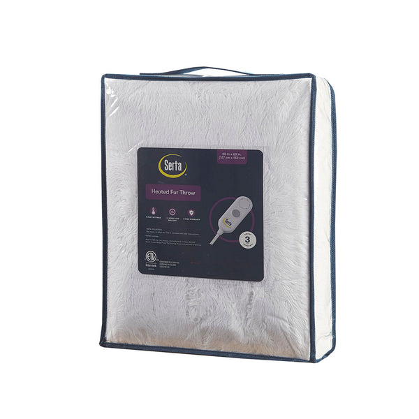 JLA Home Serta - Shaggy Serta Malea Faux Fur Heated Throw with 5 Heat Levels, 3HR Auto Shut-Off, Plush Dual-Sided Comfort White ST54-0151