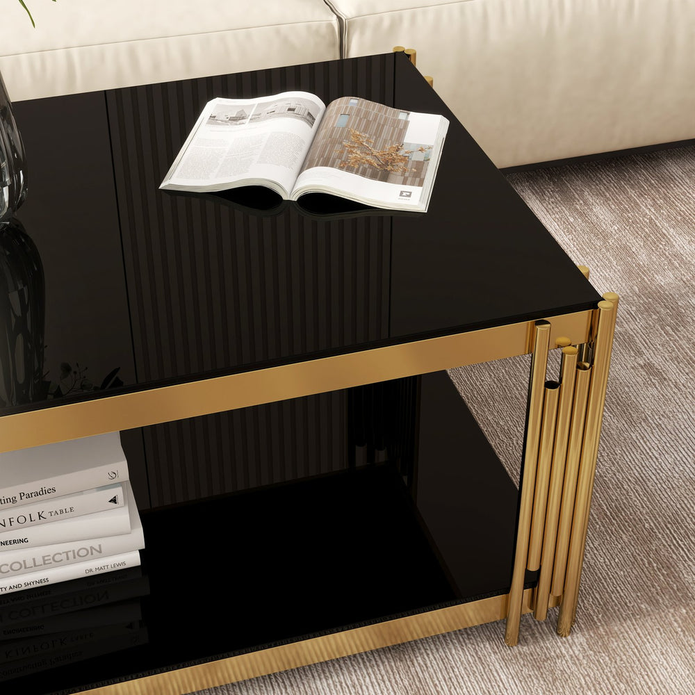 English Elm 47'' Gold Glass Double-Layer Coffee Table with Black Tempered Top, Stainless Steel Legs, Luxe Modern Appeal W1727P344005