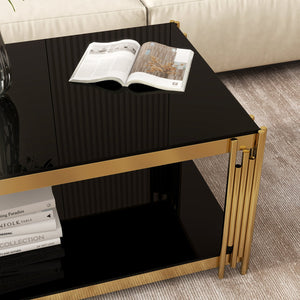 English Elm 47'' Gold Glass Double-Layer Coffee Table with Black Tempered Top, Stainless Steel Legs, Luxe Modern Appeal W1727P344005