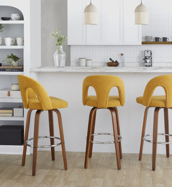 English Elm Fixed-height Swivel Barstools Walnut Bentwood Legs Chrome Footrest Yellow Seat Set of 2 B202S01881