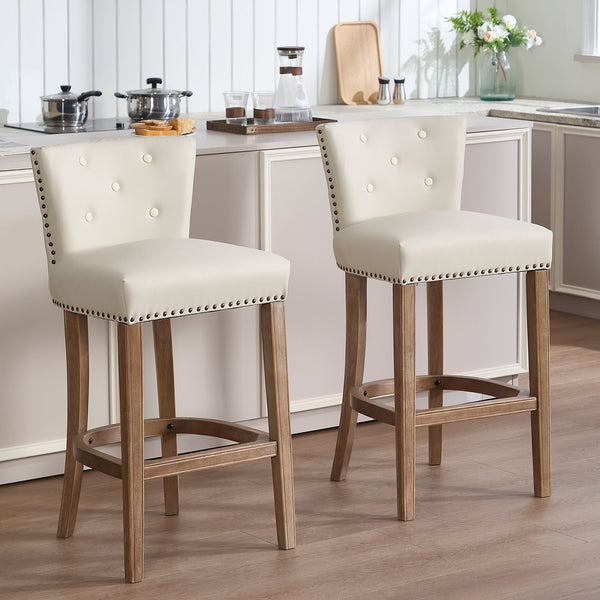 English Elm Bar Stools Set Of 2 - 29.5'' Beige Leather & Wood Stools For Stylish Kitchen Or Home Bar Use W2195P314866
