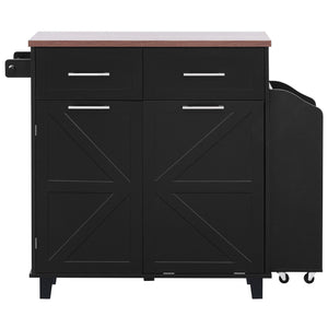 English Elm K&K 47.2" Farmhouse Kitchen Island with Drop Leaf, Removable Side Shelf, Trash Cabinet, Wheels Black N707P307296B