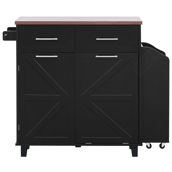 English Elm K&K 47.2" Farmhouse Kitchen Island with Drop Leaf, Removable Side Shelf, Trash Cabinet, Wheels Black N707P307296B