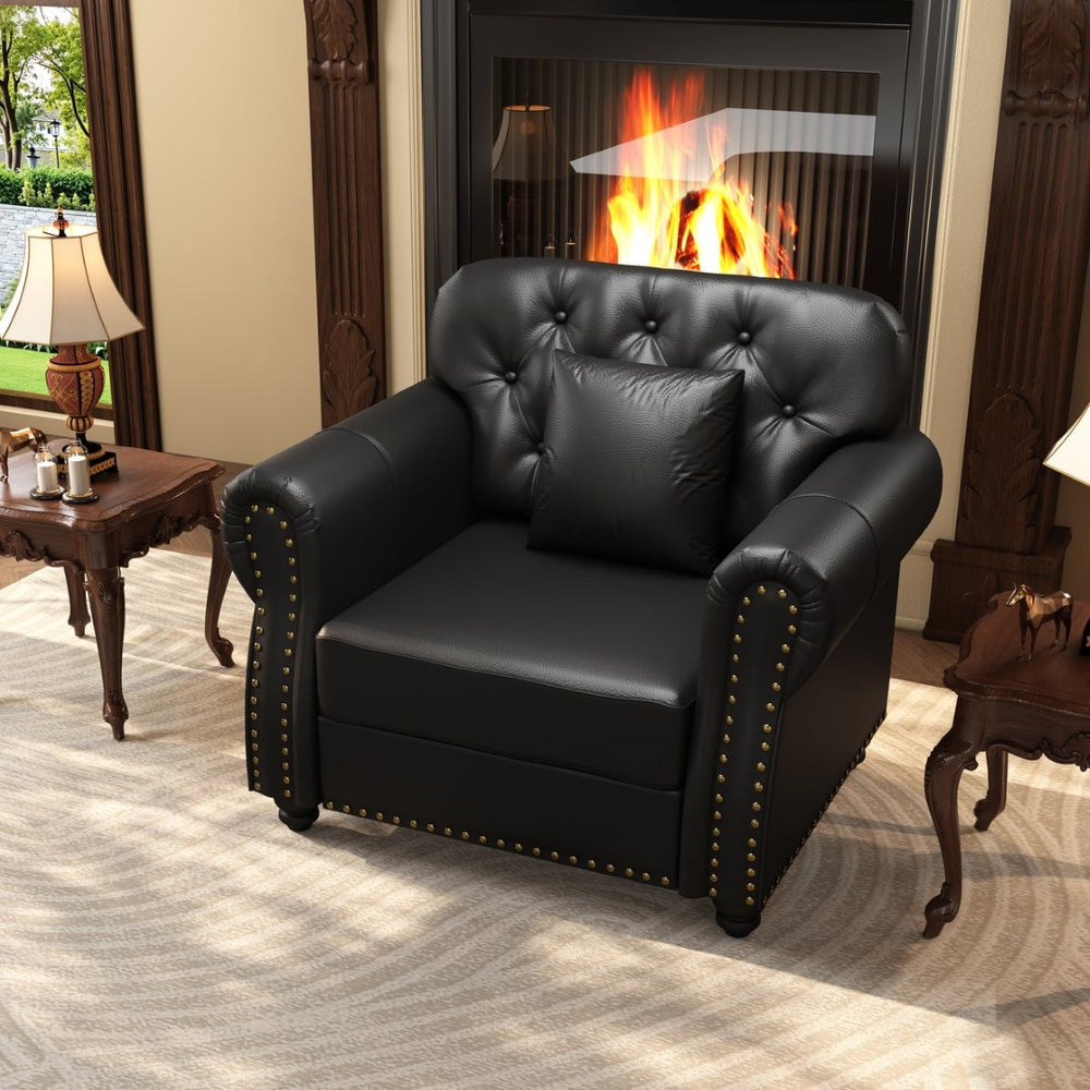 English Elm 41.3"upholstered Faux Leather Accent Sofa Button Tufted Nailhead Chesterfield Style Seat Black W1885S00422