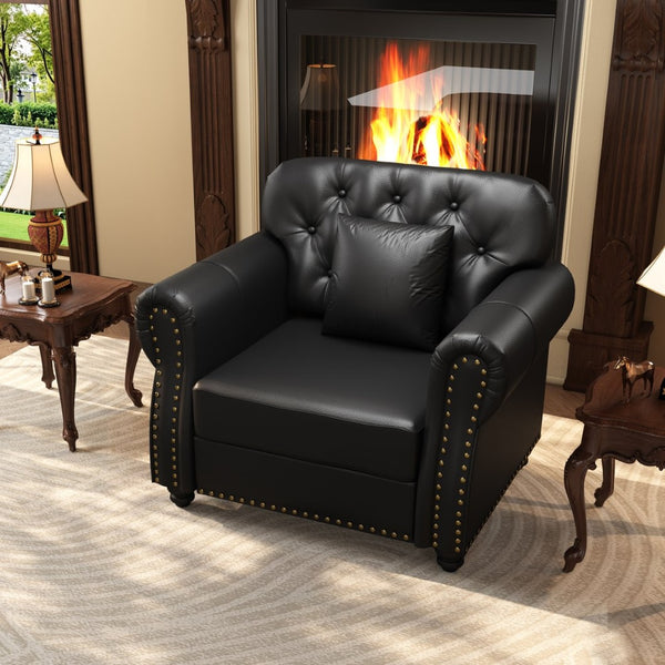 English Elm 41.3"upholstered Faux Leather Accent Sofa Button Tufted Nailhead Chesterfield Style Seat Black W1885S00422