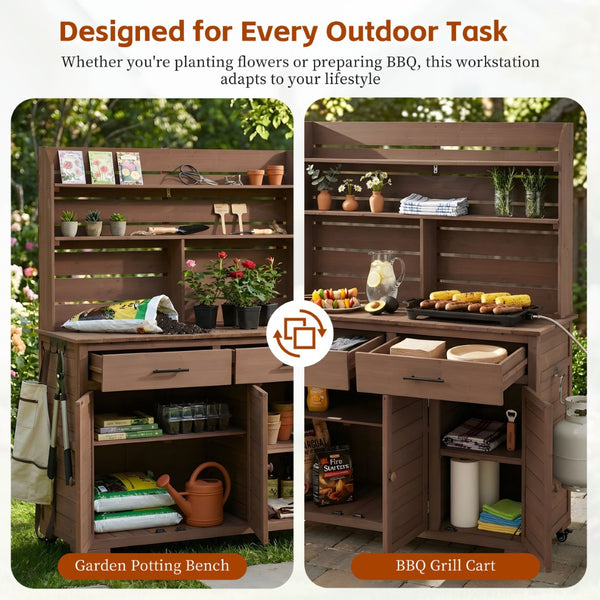 English Elm (assembly Video) Topmax Solid Fir Outdoor Potting Bench Grill Cart with Hutch Storage Brown N717P404333D