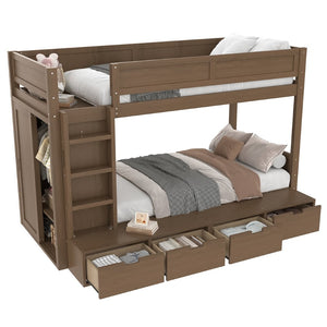 English Elm Twin Triple Bunk Bed Metal L-shaped Frame Sleeps Three Kids White Finish Brown W1580S00644