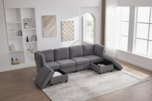 English Elm UNITED Modular 6-Seat Sectional Sofa with Removable Ottoman, Storage Compartments, Convertible Comfort Gray W1568S00245