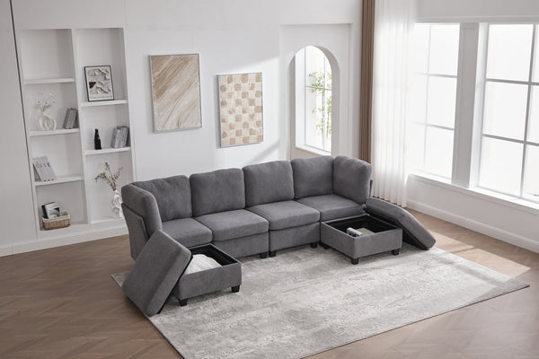 English Elm UNITED Modular 6-Seat Sectional Sofa with Removable Ottoman, Storage Compartments, Convertible Comfort Gray W1568S00245