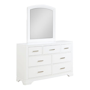 English Elm Modern Birch Veneer Dresser with Curved Mirror Seven Drawers Chrome Pulls Bedroom White B011S02345