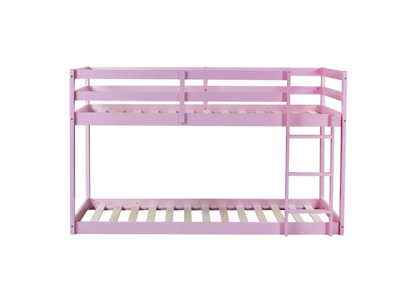 English Elm Solid Twin over Twin Floor Bunk Bed Pink – Solid Rubberwood Low-Height Platform with Ladder, Sturdy Slats, 200lb Capacity and Versatile Under-Bed Space for Kids Rooms (46.6"H x 77.3"L) W504P208048