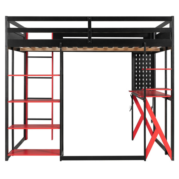 English Elm Full Size Loft Bed with Rgb Lighting Chevron Desk Usb Charging Ports and Storage Shelves Black+Red LT000286AAR