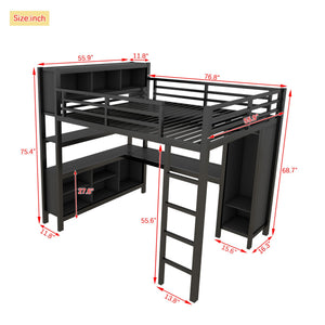 English Elm Metal Loft Bed With Integrated Desk, Wardrobe & Storage Cubes - Space-Saving Solution For All Ages W1580S00068