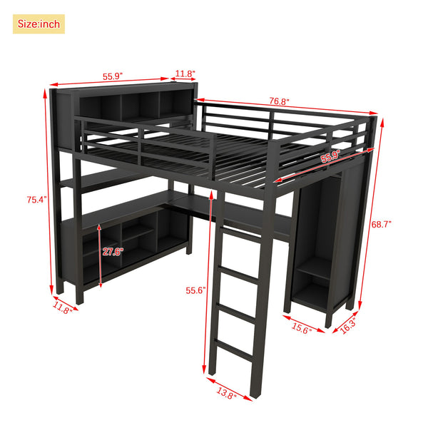 English Elm Metal Loft Bed With Integrated Desk, Wardrobe & Storage Cubes - Space-Saving Solution For All Ages W1580S00068
