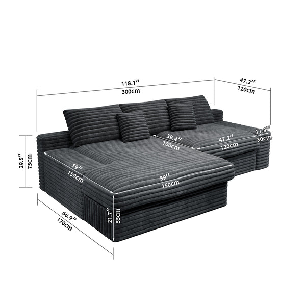 English Elm 118.1*66.9"Modular 118.1*66.9" Modular Sectional Sofa - Plush Corduroy, No Assembly, Versatile 2-Piece Design For Cozy Spaces W3819S00063