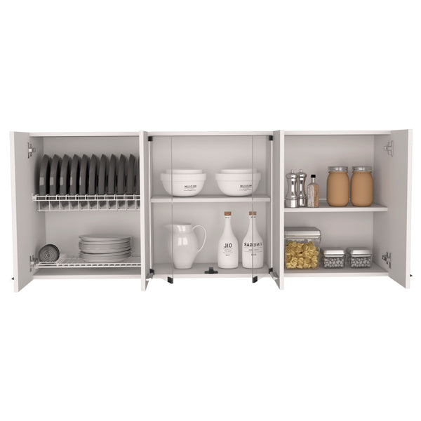 English Elm Yuma 150" White Wall Cabinet with Two Enclosed Cabinets, Glass-Covered Shelves & Built-In Dish Rack B128P148995