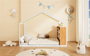 English Elm Twin House Bed Frame with Shelves & Built-In Lights, Metal-Wood Design for Creative Kids' Rooms White N737P176708K