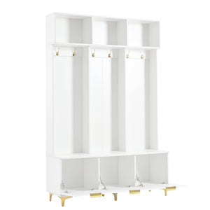 English Elm ON-TREND Modern Hall Tree with Bench and Shoe Storage, High Gloss Fluted Doors, Gold Accents, 75"H White+Gold N721P180460K