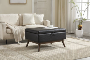 English Elm Mid-century square storage bench with solid wood frame, microfiber upholstery, versatile ottoman seat and tabletop functionality for living room and entryway appeal Black PU W1539P269659