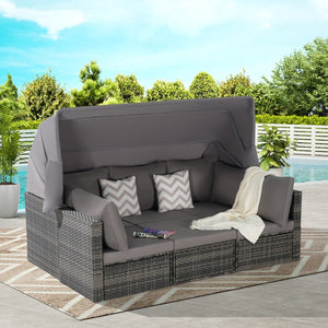 English Elm 5 Piece Outdoor Pe Rattan Daybed Set with Retractable Canopy and Tempered Glass Table Dark Gray W874S00032