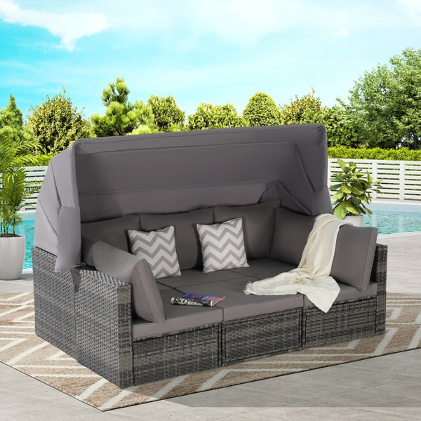 English Elm 5 Piece Outdoor Pe Rattan Daybed Set with Retractable Canopy and Tempered Glass Table Dark Gray W874S00032