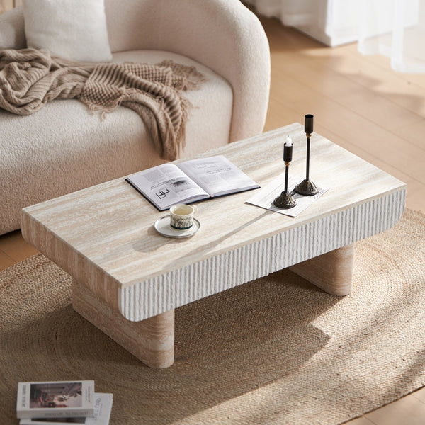 English Elm Coffee Table Mid Century Modern Oval with Faux Marble Top, Fluted Hidden Drawer, Small Space Friendly W3040P382310