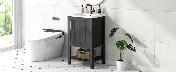 English Elm 20" Matte Freestanding Bathroom Vanity Rubberwood Cabinet Ceramic Sink Open Shelf Black N725P391115B
