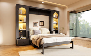 English Elm Queen Murphy Bed with Led Lighting Side Cabinets Shelving and Fold Down Desk Panel Gray N7090002226E-1
