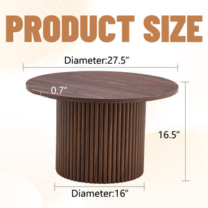 English Elm A modern circular coffee table Walnut MDF with hidden storage, cylindrical textured legs, polished edge detail, 27.5" diameter W1512P410543