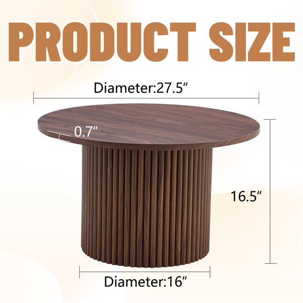 English Elm A modern circular coffee table Walnut MDF with hidden storage, cylindrical textured legs, polished edge detail, 27.5" diameter W1512P410543