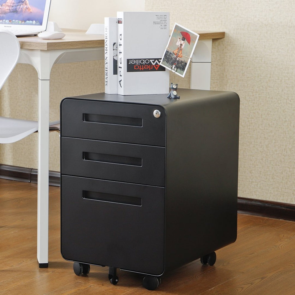 English Elm Black Rolling Steel File Cabinet Three Drawers Locking Under Desk Office Storage W124782438