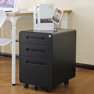 English Elm Black Rolling Steel File Cabinet Three Drawers Locking Under Desk Office Storage W124782438