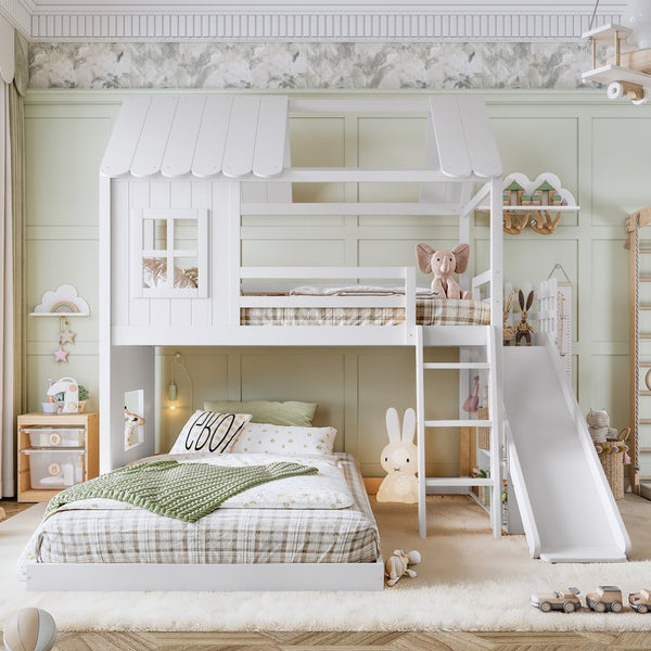English Elm Twin Over Full Playhouse Bunk Bed with Slide Ladder Storage Shelves and Wardrobe Light White W5305S00039