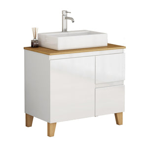 English Elm 31.5-inch Bathroom Vanity Solid Wood Top Ceramic Basin Soft Close Glossy White W3151S00070