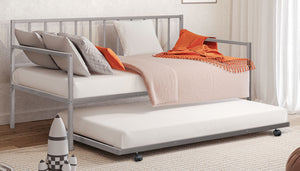 English Elm Silver Sleek Metal Twin Daybed with Built-In Trundle | Contemporary Minimalist Black Frame, Mattress-Ready Silver 76 L x 18 W x 4 H B2741P364412
