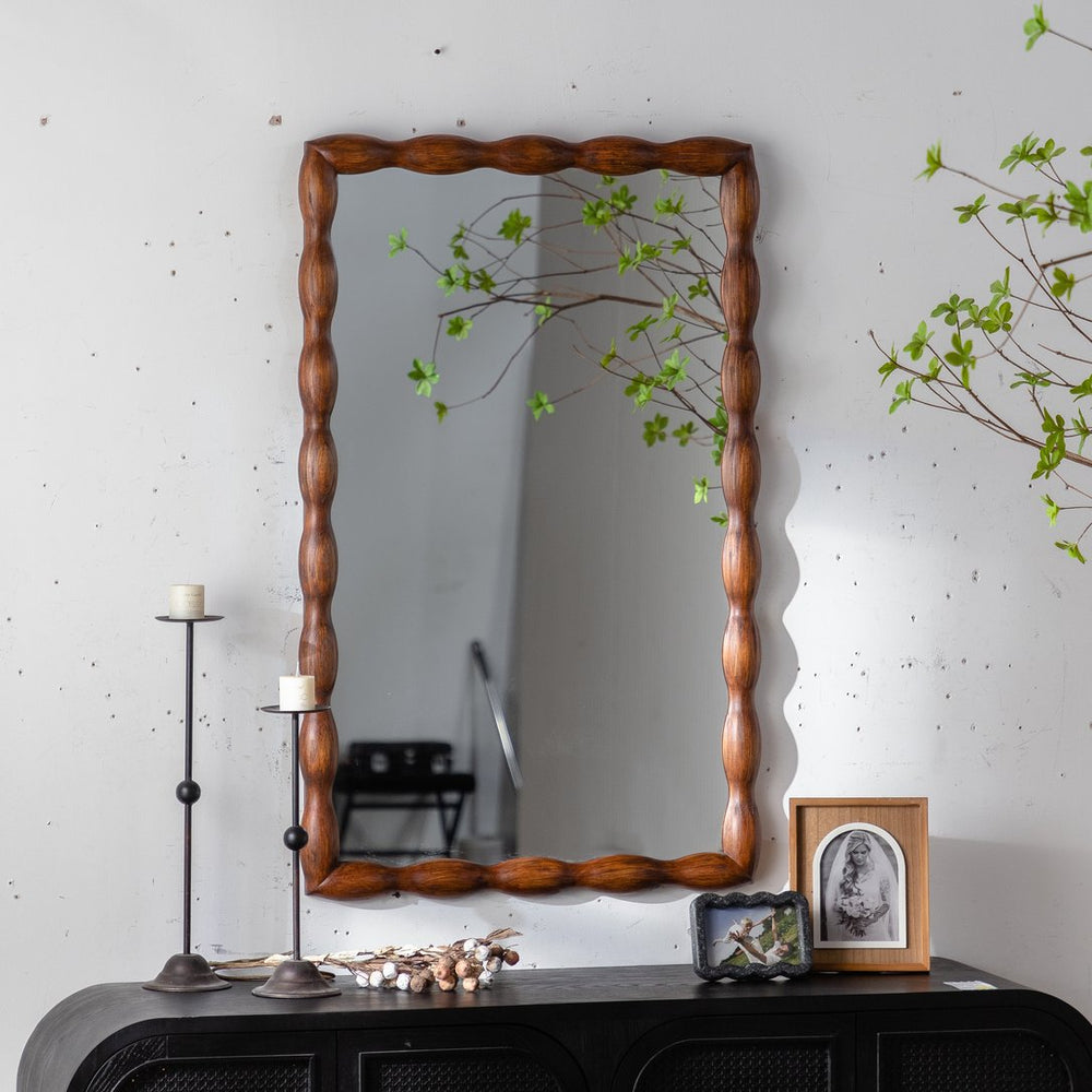 English Elm Mid-Century Solid Wood Frame Mirror, Irregular Edge Design, HD Non-Distorting Glass for Home Decor W3158P297411