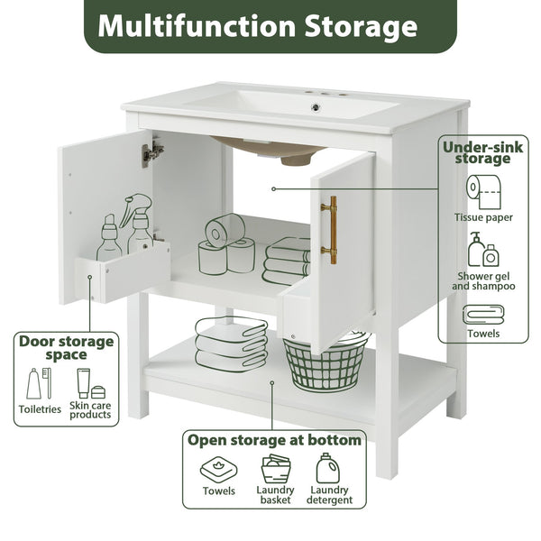 English Elm 30-Inch White Bathroom Vanity With Ceramic Sink - Stylish Storage Solution For Small Spaces! WF325888AAK