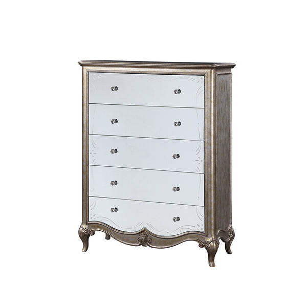 English Elm Esteban Antique Champagne Finish Chest with Mirrored Drawers, Felt-Lined Top, Crystal Knobs and Cabriole Legs B2726P257376
