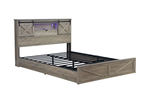 English Elm Farmhouse King Storage Bed Rustic Wood Headboard with Led Lights and Charging Hub W1670P362672
