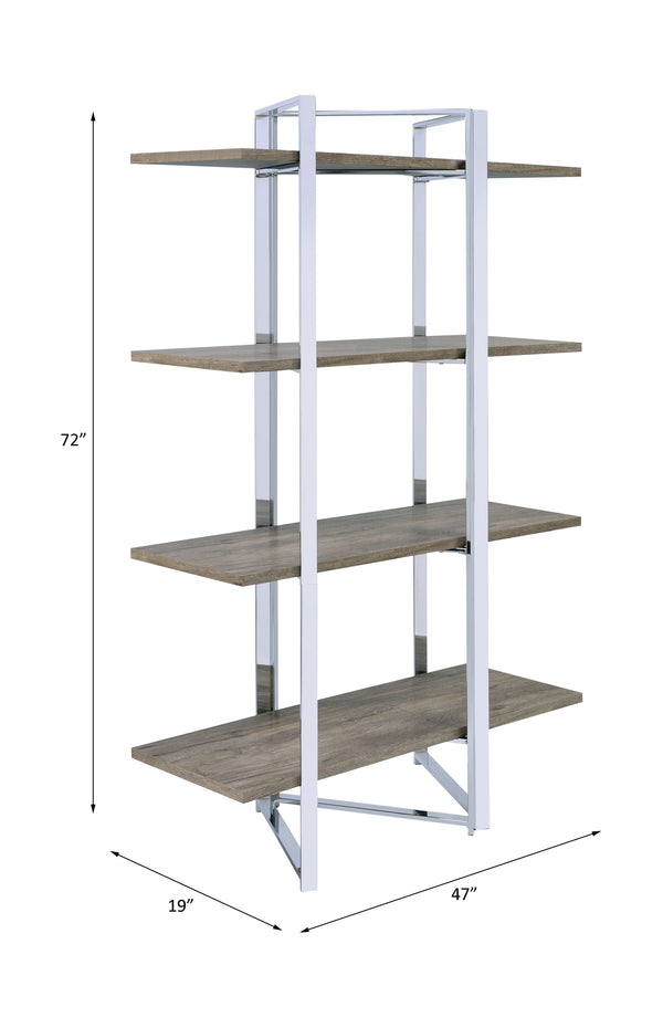English Elm Libby Modern Chrome & Oak Etagere Bookshelf with 4 Open Wooden Shelves, Freestanding Storage Solution B2726P285841