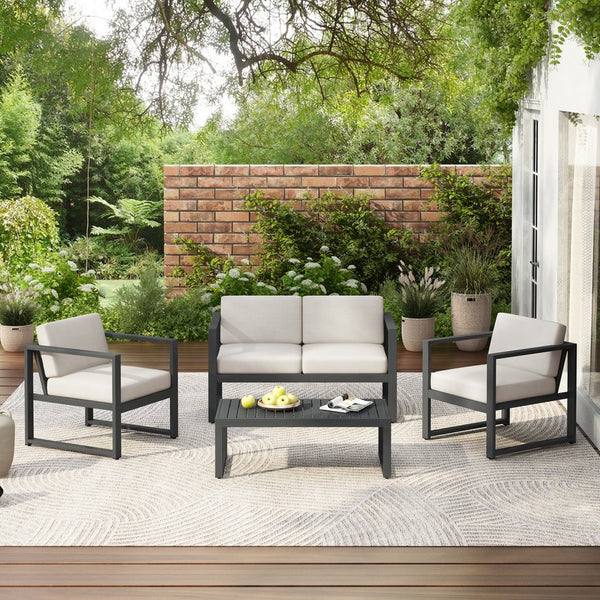 English Elm Christopher Knight Home® - NAVAN Aluminum 4-Piece Chat Set with Beige Olefin Cushions, Black Finish, Comfortable Outdoor Seating N775P243378B
