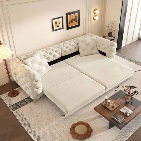 English Elm 97.6" Oversized Velvet Chesterfield Sleeper Sofa Floral Tufted Roll Arm Living Room Couch Beige+White W1885S00297