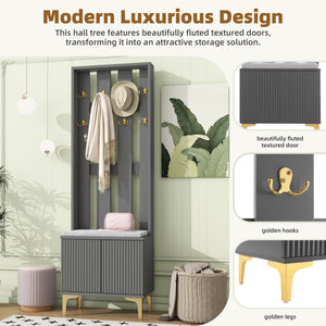English Elm ON-TREND Modern Luxury Hall Tree with Cushioned Bench, Fluted Doors, 8 Gold Hooks & Adjustable Shelf Grey N721P192814E
