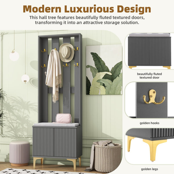English Elm ON-TREND Modern Luxury Hall Tree with Cushioned Bench, Fluted Doors, 8 Gold Hooks & Adjustable Shelf Grey N721P192814E