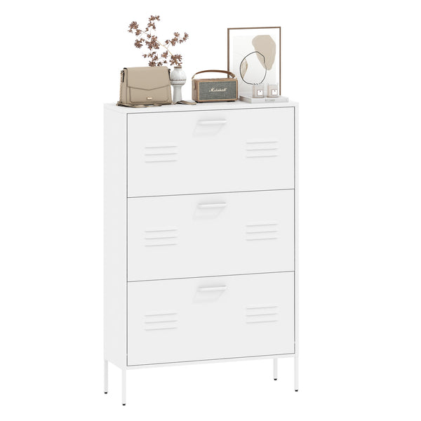 English Elm Shoe 3-Flip Drawer Storage Cabinet with Metal Frame — Freestanding Organizer for Entryway, White T2398P290422